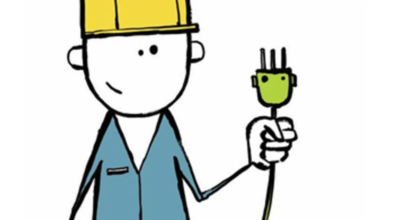 Illustration eines Arbeiters mit Stromstecker