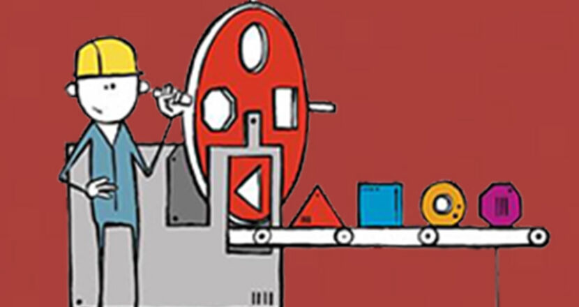 Illustration eines Arbeiters an einer Maschine 