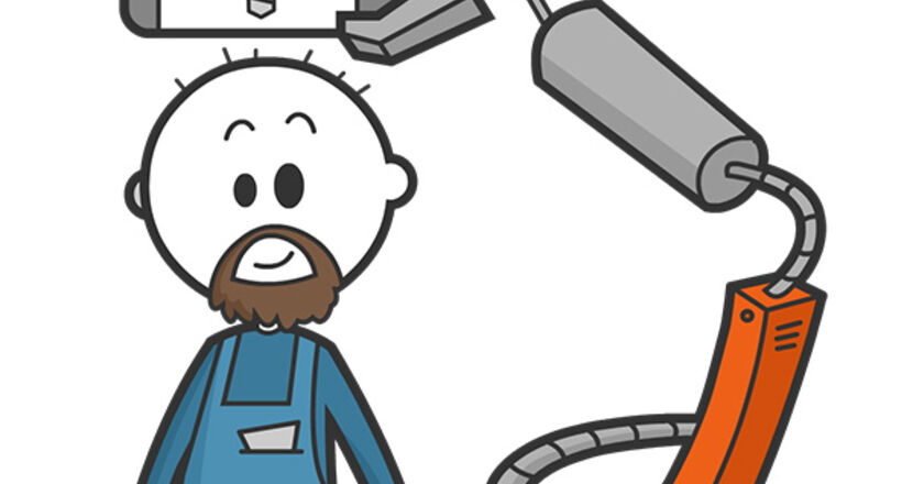 Illustration eines Arbeiters und eines Roboter-Arms mit Handy 