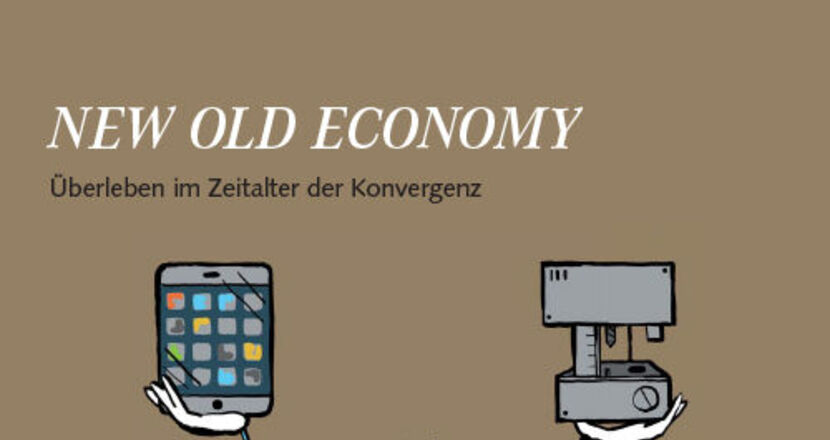 braunes Cover des ROI DIALOG Magazin mit Illustration eines Mannes der ein iPad und eine Maschine hochhebt 