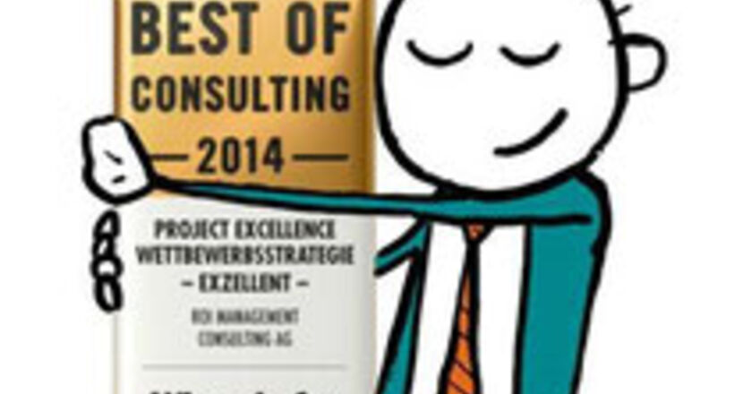 Illustration eines Mannes der die Auszeichnung Best of Consulting umarmt